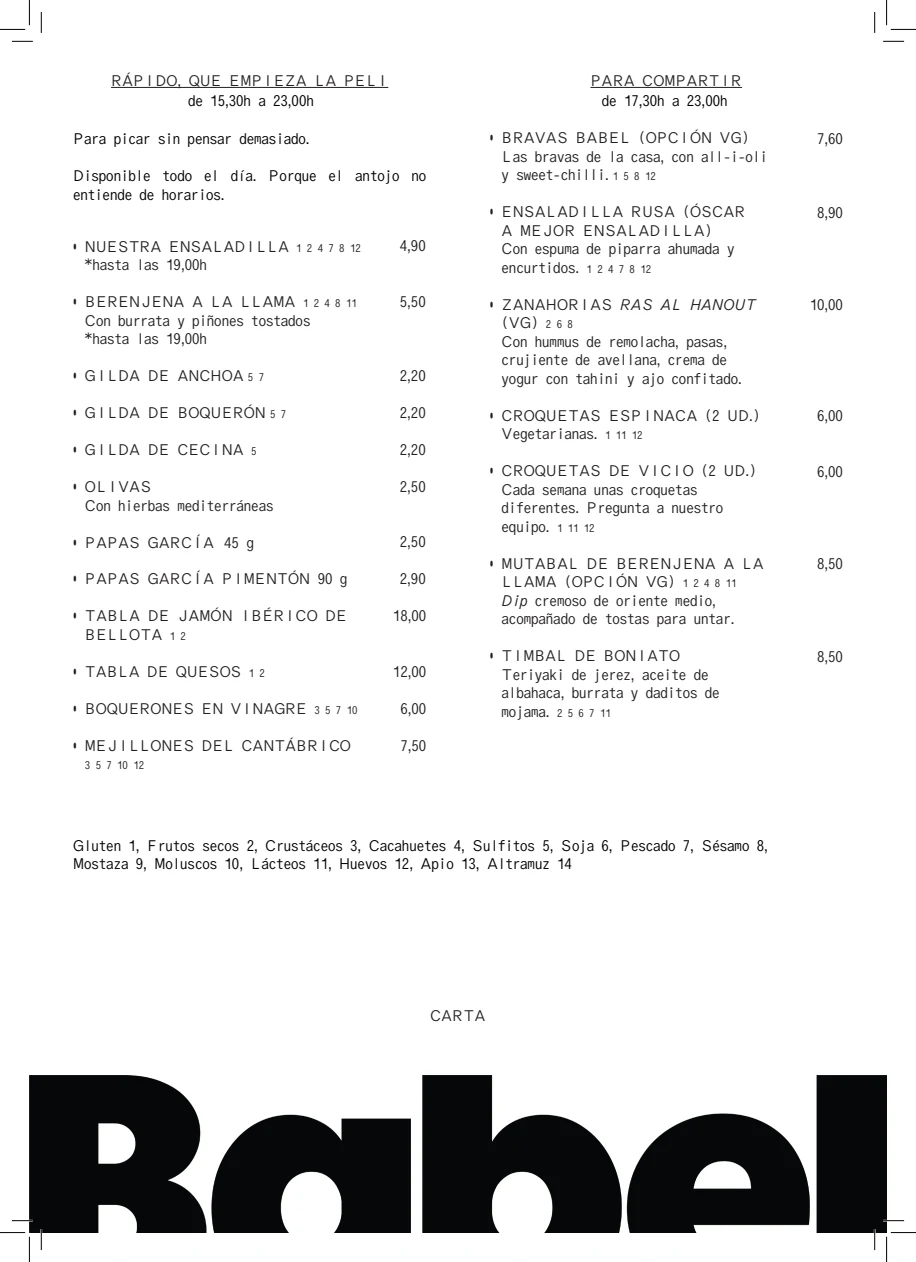 Carta impresa de Bar Babel